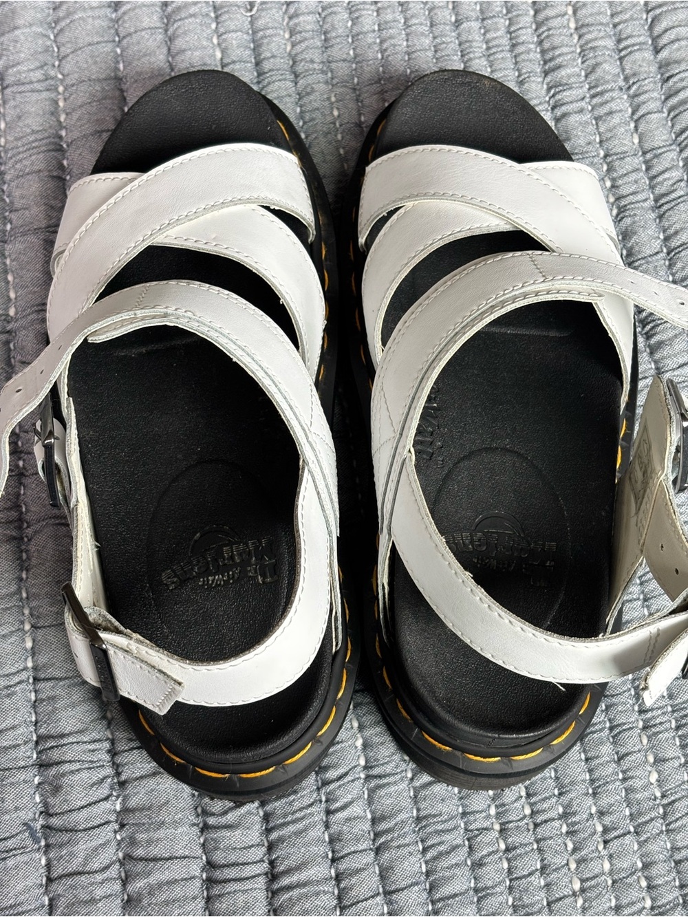 Dr. Martens White Leather Sandal with Yellow Stitching